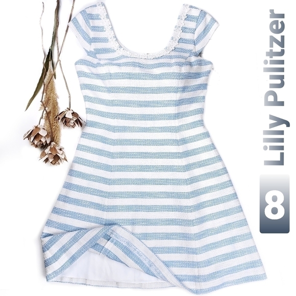 Lilly Pulitzer Blue Whie Stripe Gold Spark Dress Size 8 - Picture 1 of 11